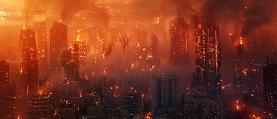 Dystopian cityscape ablaze with flames, buildings crumbling in a post-apocalyptic world, chaos and destruction.