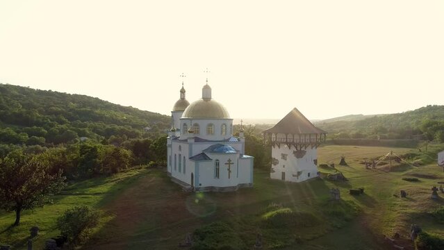 Aerial sunset 4k footage  of Busha state Historical and Cultural Reserve, located on Podillya, Vinnytsa region, Ukraine.