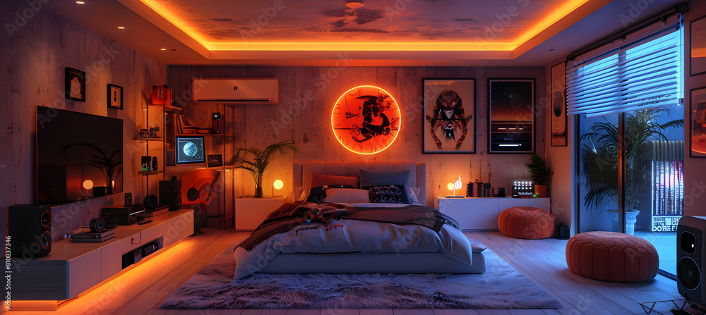 Sticker Trendy teenager's bedroom with neon accents, tech gadgets, and modular furniture - Stickers