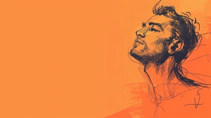 Positioned on the right side, a modern digital sketch of a man creates a focal point against the solid colored background, adding visual interest and sophistication to presentations. 