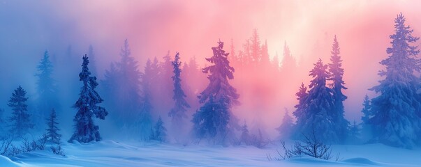 Winter Trees Silhouetted in Pink and Blue Mist. Atmospheric, Snow covered Woodland scene. Seasonal Banner.
