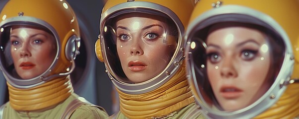 Actors wearing cheesy sci fi costumes from outer space for a retro science fiction television show or movie. Big makeup, helmet, space suit