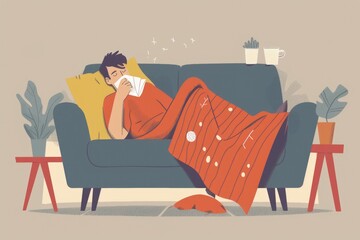 Obraz premium A person relaxing on a couch with a cozy blanket, suitable for home decor or relaxation concepts