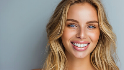 A beautiful blonde looks into the camera against a gray background, exuding joy and confidence, which emphasizes her positive and friendly nature.