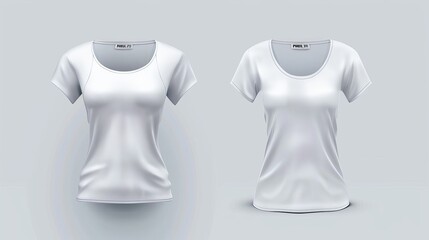 Mockup of women's white t-shirt, front and back view. Virtually modeled realistic modern illustration, short sleeve, strap top, bustier with cups.