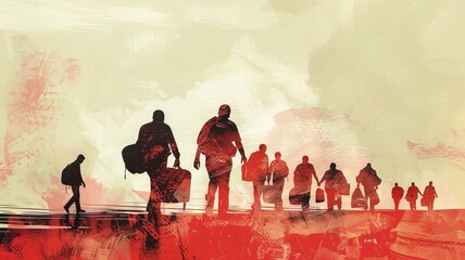 A visualization of international aid workers providing humanitarian assistance to refugees and displaced persons affected by war.