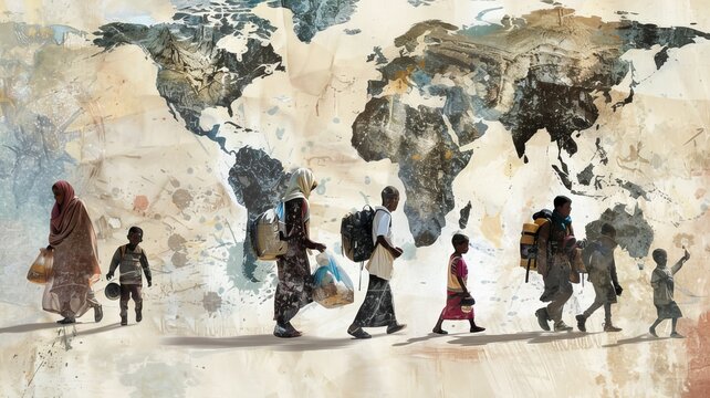 A visualization of international aid workers providing humanitarian assistance to refugees and displaced persons affected by war.