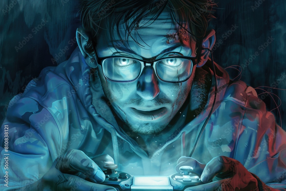 Poster a man holding a video game controller, perfect for gaming concepts