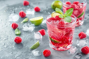 red lemonade, cold pink non-alcoholic cocktail with raspberries, lime, mint and ice cubes on a concrete background