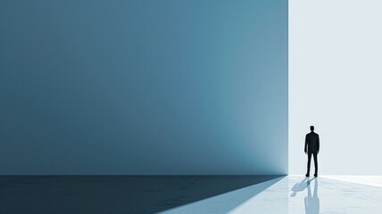 Obraz premium An individual stands on the right side of the image, creating a balanced composition with space on the left for text, ideal for organizing information in presentations. 