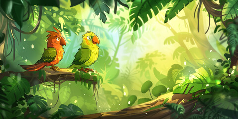 Cartoon parrots in the jungle. Illustration for children.