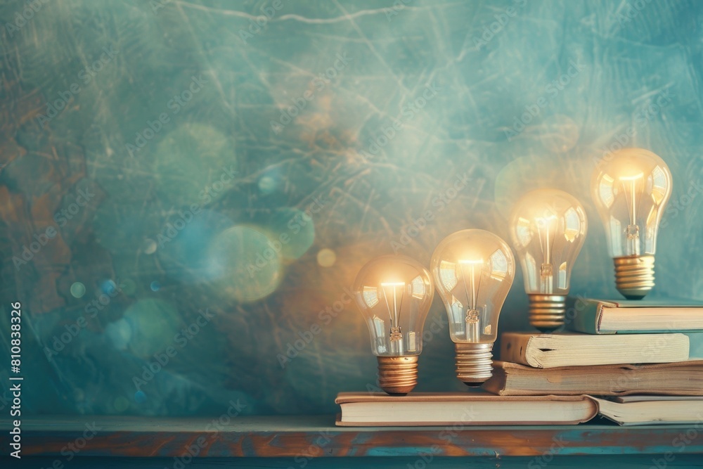 Aufkleber stack of books with light bulbs on top, ideal for educational and creative concepts