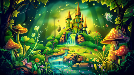 Magic Fairy Tale Landscape with castle and waterfall.