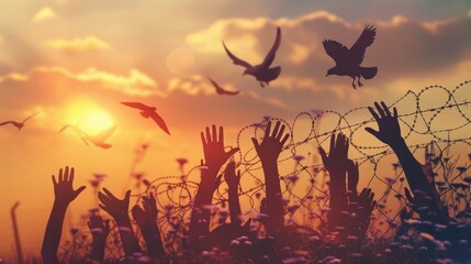 The concept for Human Rights Day is beautifully depicted with silhouettes of refugee hands reaching skyward amidst birds taking flight set against a backdrop of a sunset in autumn with over