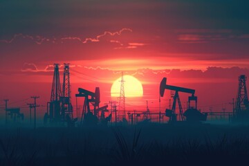 Oil pumps in a field at sunset. Suitable for energy industry concepts