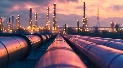 Close-up of an oil and gas pipeline in the process of refining oil and moving oil and gas.