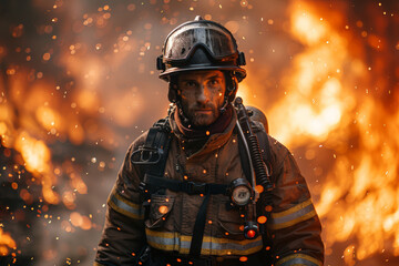 Naklejka premium Firefighter confronting enormous flames