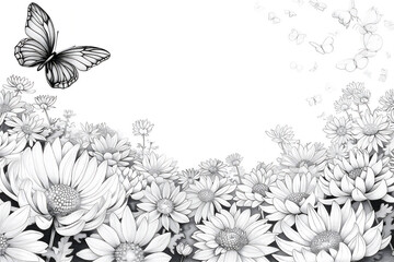 Coloring pages of butterfly flying above Chrysanthemum Flowers in garden.