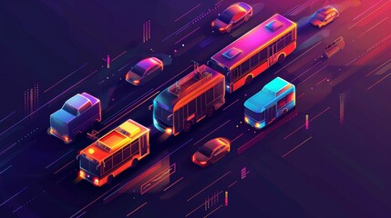 Various transportation modes isometric banner. Cars, trolleybus, truck, bus vehicles. Automobile dealers, sale and exhibitions, rental agencies.