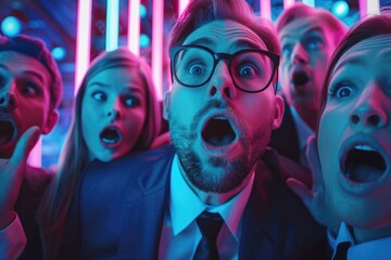 Obraz premium Group of people in front of neon lit room, suitable for business or nightlife concepts