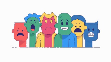 Psychological help to men and women with identity problems, Impostor syndrome, hypocrisy, line art flat modern illustration with sad people hiding behind happy masks.