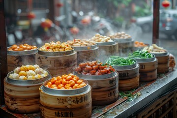 Fototapeta premium Variety of food sold in buckets at market