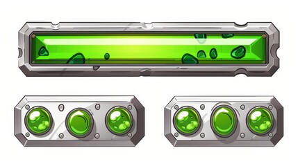 Illustration of green toxic liquid surrounded by a silver metal stripe. Modern set of game interface loading progress bars.