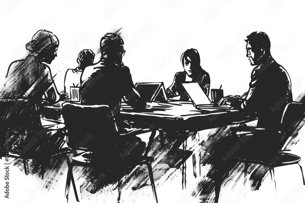 Poster a group of people working on laptops at a table. suitable for business concepts