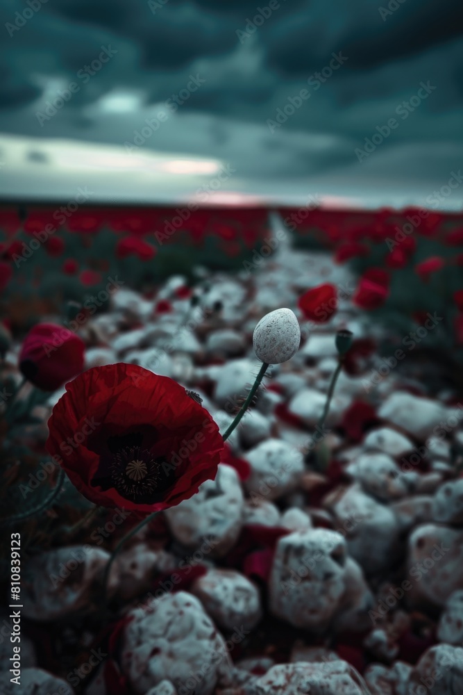 Poster beautiful field of red poppies with dramatic cloudy sky. ideal for nature and landscape concepts