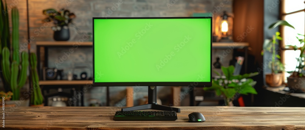 Poster a green screen chromakey mock up display is mounted on the top of a desk with a desktop computer mon