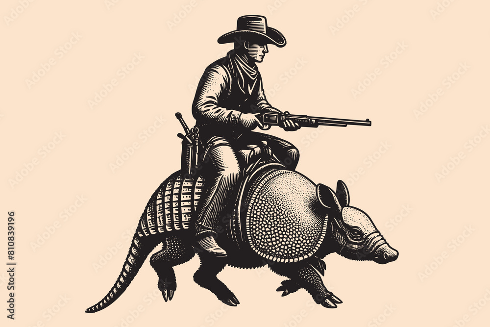 Wall mural A cowboy with a gun riding an armadillo. Abstract engraving vector illustration. isolated object, print