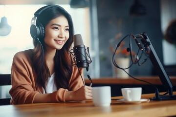 Beautiful woman with long hair wearing headphones and smiling Fictional Character Created By Generative AI.  - Powered by Adobe