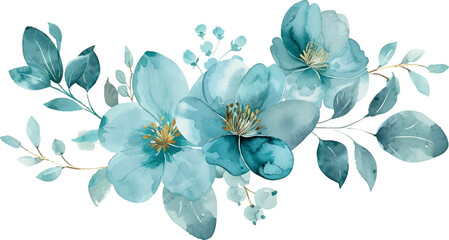 watercolor  turquoise flowers illustration in vintage style on white background, greeting card, wedding poster, invite template.