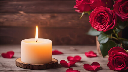 wooden background with roses and petals with empty space for greeting message. Love and greeting concept design. AI generated image, ai