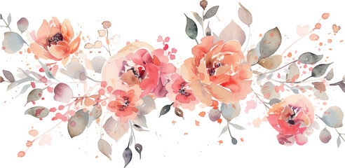 floral branch. Flower red, burgundy, purple rose, green leaves. Wedding concept with flowers. Floral poster, invite. Vector arrangements for greeting card or invitation design