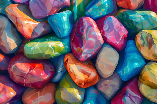An illustration of rocks, each one made with a soft and varied color palette to convey the smoothness and colorfulness