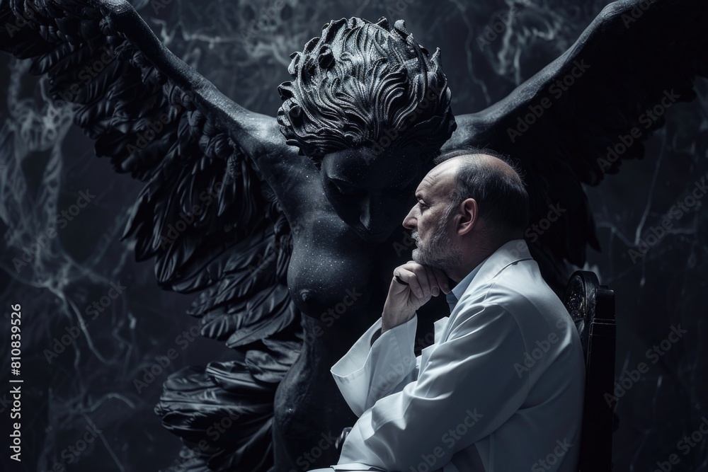 Poster a man sitting in a chair next to a statue of an angel. suitable for religious or contemplative conce