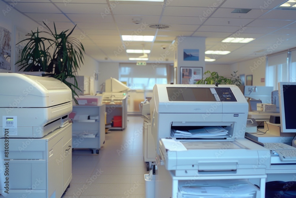 Aufkleber a room filled with computers and a printer, ideal for technology or office concepts