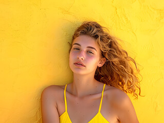  young woman, alone against a vibrant yellow backdrop, donning a swimsuit, capturing the essence of summer holidays.