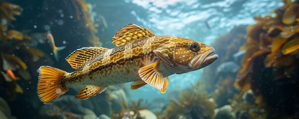Large ling cod fish swimming underwater