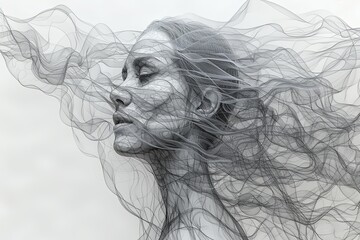 Fototapeta premium Beautiful Woman: Elegant Line Art Portrait of Flowing Hair and Delicate Expression