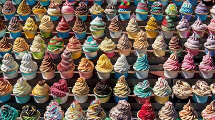 different ice creams in cones, each displayed against a crisp white background, showcasing a diverse array of flavors and colors in a delightful composition.