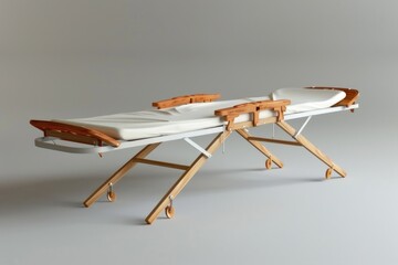Hospital bed placed on a wooden table, suitable for medical concepts