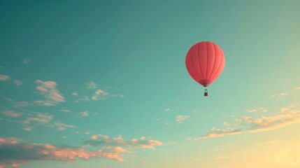 A red hot air balloon is floating in the sky above a blue sky