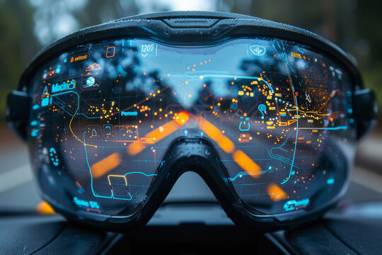 Goggles on dashboard in modern car interior