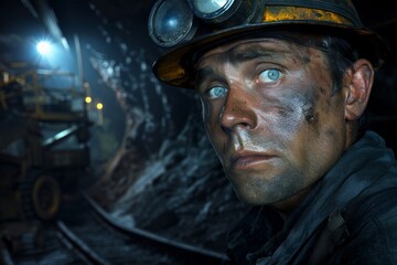 Fototapeta premium Man wearing a hard hat and goggles in a tunnel. Worker portrait