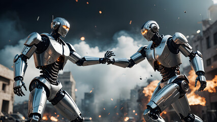 Naklejka premium Robot competition. fight between robots. New technologies and progress concept. Fight opponents.