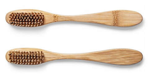 Wooden toothbrushes with handles on white background