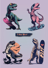 In this fun and whimsical design, a T-Rex is riding a gigantic wave on a surfboard. The fearless dinosaur balances skillfully as it catches the perfect wave, with its tiny arms outstretched in excitem © Todd's Studio