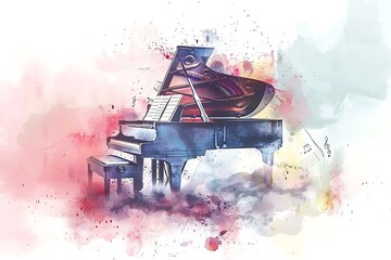 watercolor black piano and notes sheet, style of grunge, musical instrument concept, music concert lover background, card frame with copy space